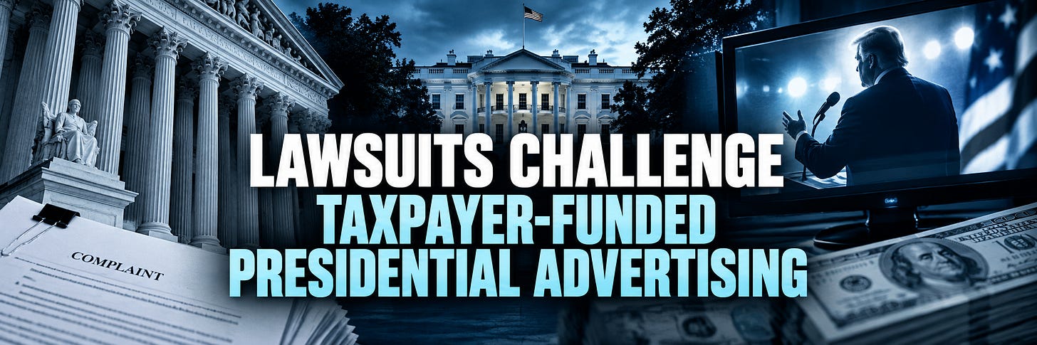 Lawsuits Challenge Taxpayer-Funded Presidential Advertising. Lawsuits Challenge Taxpayer-Funded Presidential Advertising.