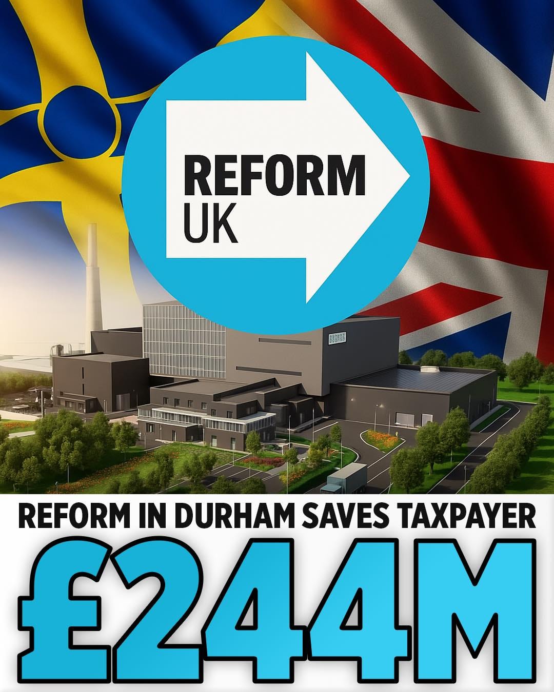 May be an image of text that says "REFORM UK 国動電 REFORM IN DURHAM SAVES TAXPAYER €244M" May be an image of text that says "REFORM UK 国動電 REFORM IN DURHAM SAVES TAXPAYER €244M"