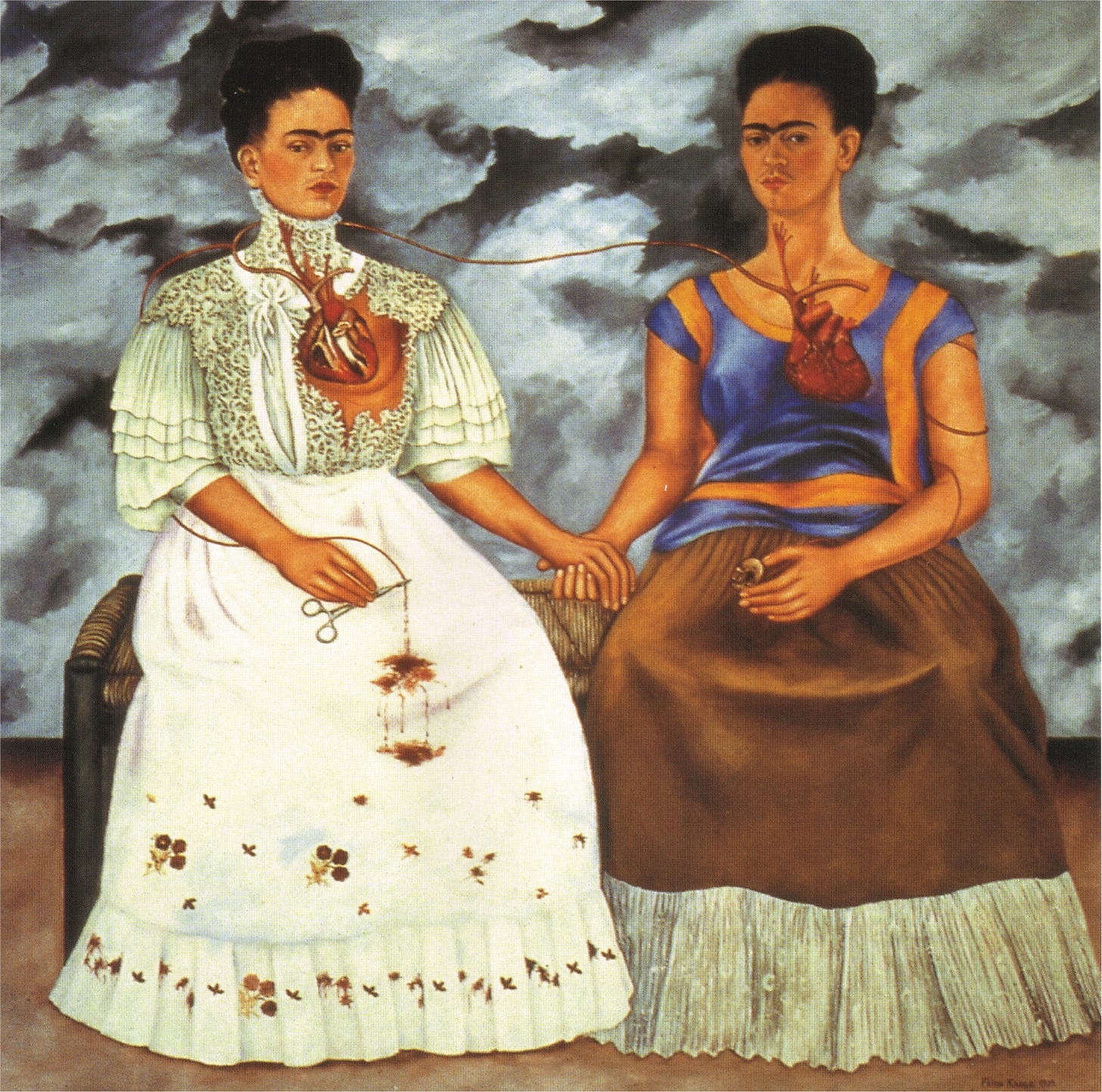 Frida Kahlo, The Two Fridas, two seated women with the same face holding hands Frida Kahlo, The Two Fridas, two seated women with the same face holding hands