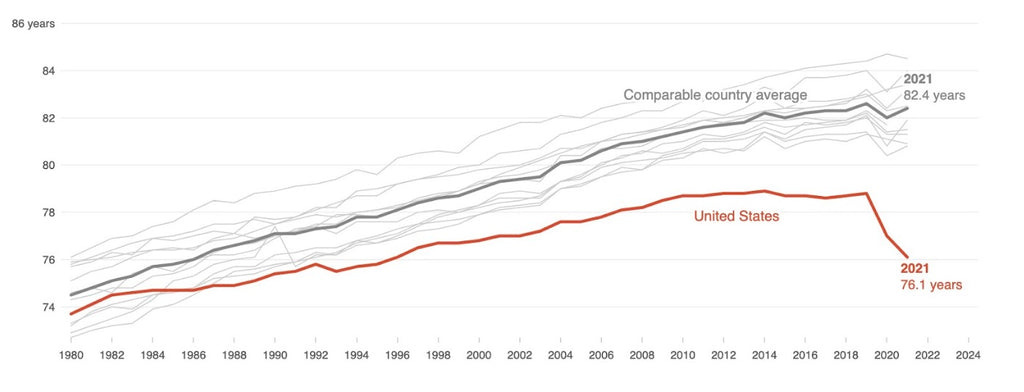 Line graph comparing the lifespans of various countries