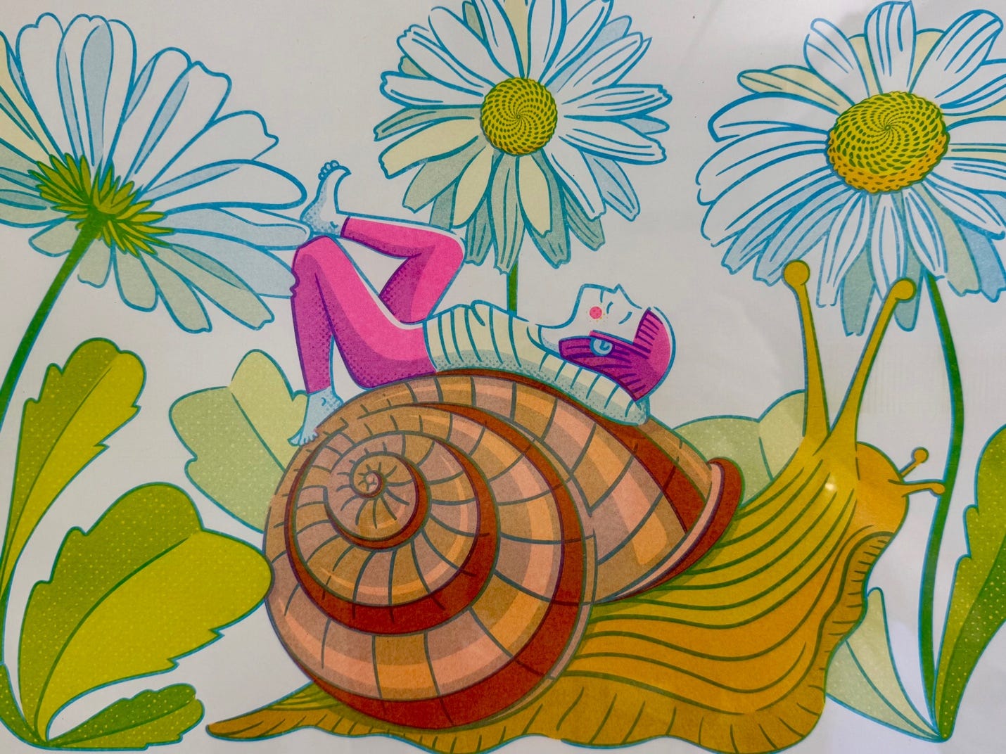 A cartoon of a person lying on a snail with flowers

AI-generated content may be incorrect.