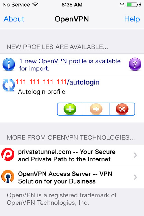 The OpenVPN iOS app showing new profile ready to import The OpenVPN iOS app showing new profile ready to import