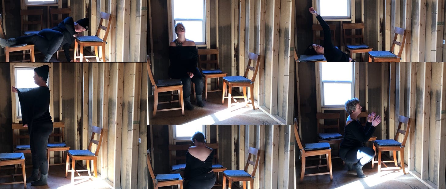 a collage of the unfinished, four-chaired room with six frames, and in each frame a person dressed all in black makes a new shape with their body among the chairs