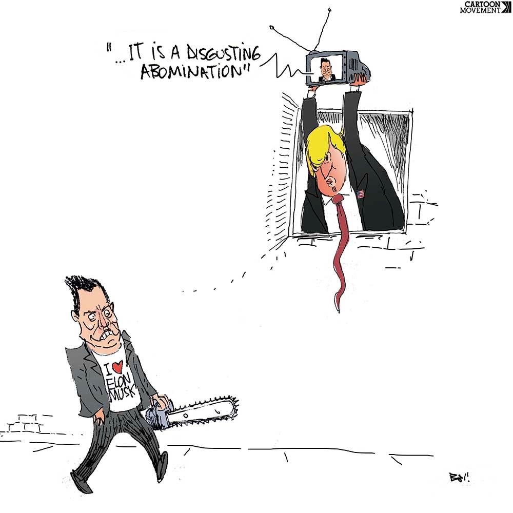 Elon Musk, wearing an I ♥ Elon Musk shirt holds a chainsaw and is walking down the street. Above, an angry Trump is leaning out a window, ready to throw a TV on Musk. On the TV, we see the head of Musk, who is saying: ‘IT IS A DISGUSTING ABOMINATION’