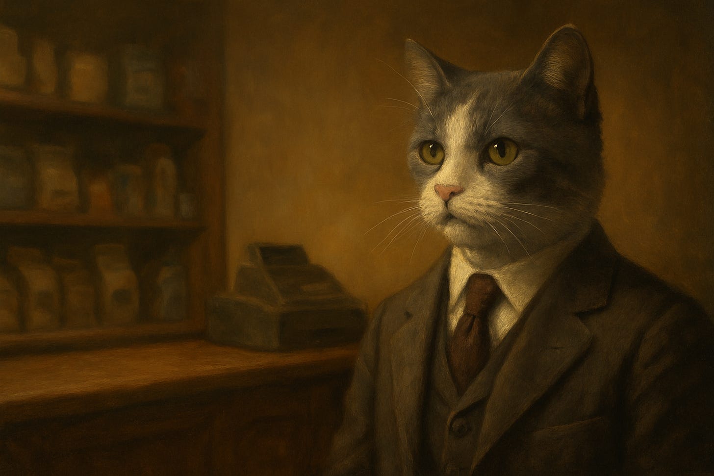 A gray-and-white anthropomorphic cat wearing a brown suit and tie sits upright behind a wooden counter, softly lit in a warm, vintage shop interior with shelves of jars and a small cash register in the background; painted in a muted, oil-style palette.