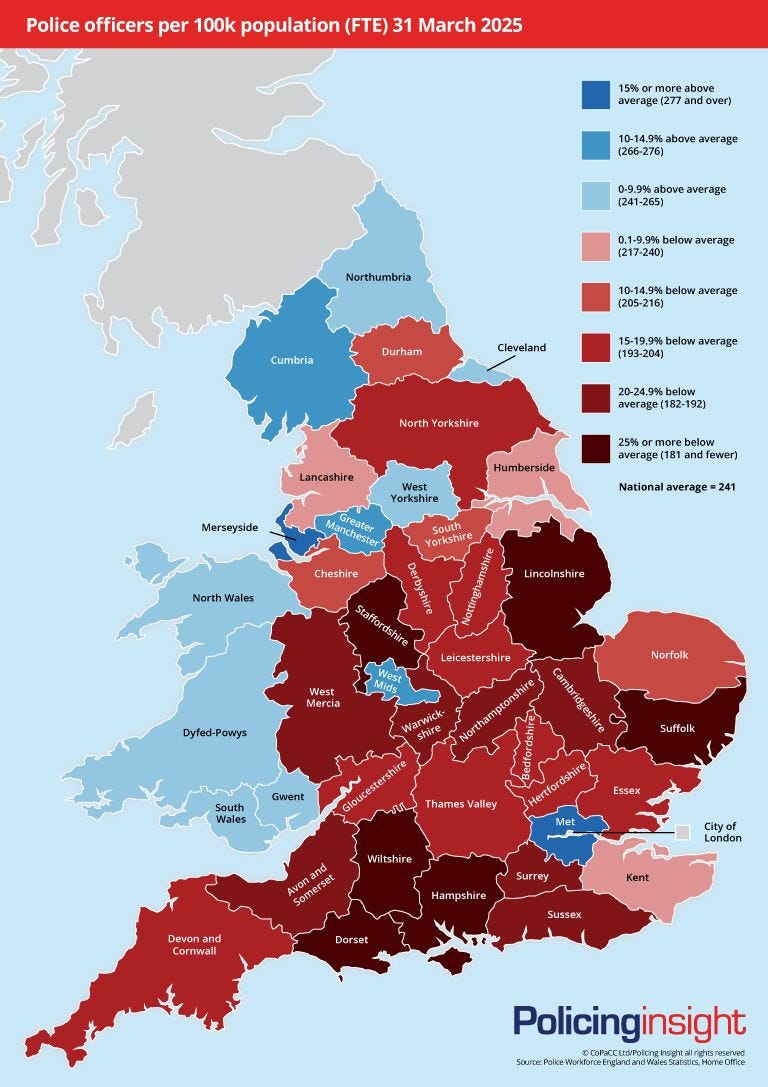 Policing Insight Chart shows police officers (FTE) per 100,000 population in each force as of 31st March 2025. The national average is 241 per 100,000 population. The areas coloured in blue tones are above the national average and those in red tones are below average. Source: Police Workforce England & Wales Statistics, Home Office) Policing Insight Chart shows police officers (FTE) per 100,000 population in each force as of 31st March 2025. The national average is 241 per 100,000 population. The areas coloured in blue tones are above the national average and those in red tones are below average. Source: Police Workforce England & Wales Statistics, Home Office)