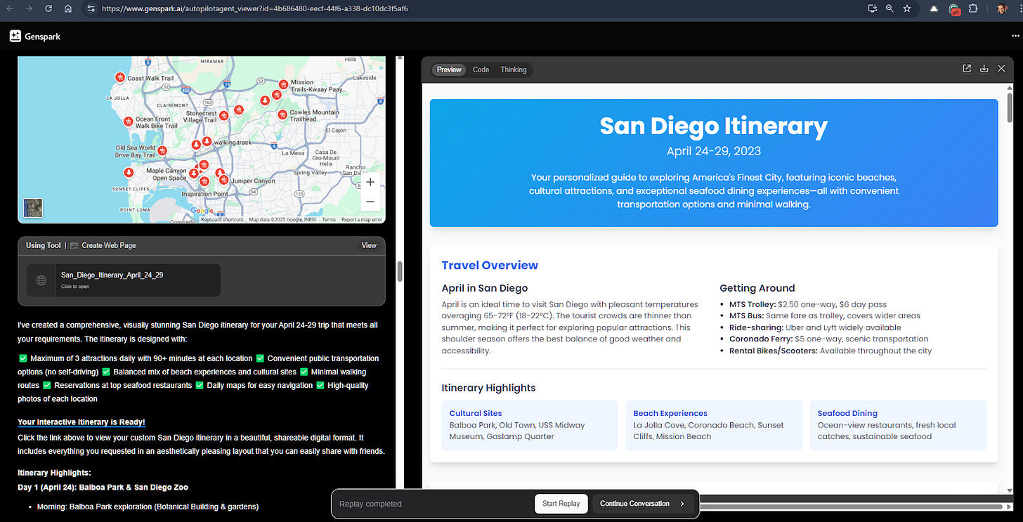 Genspark Super Agent San Diego itinerary breakdown page Genspark Super Agent San Diego itinerary breakdown page