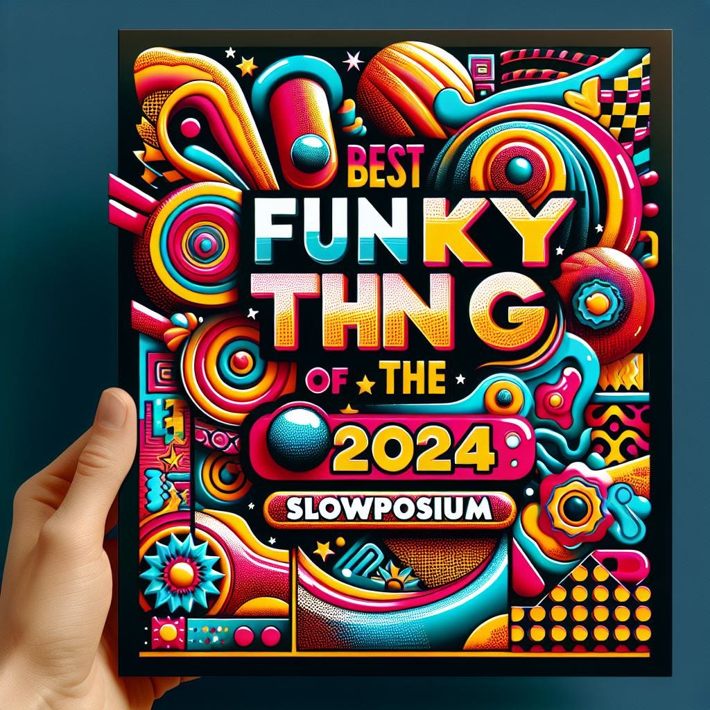 Hand holding award for funky thing of the 2024 slowposium