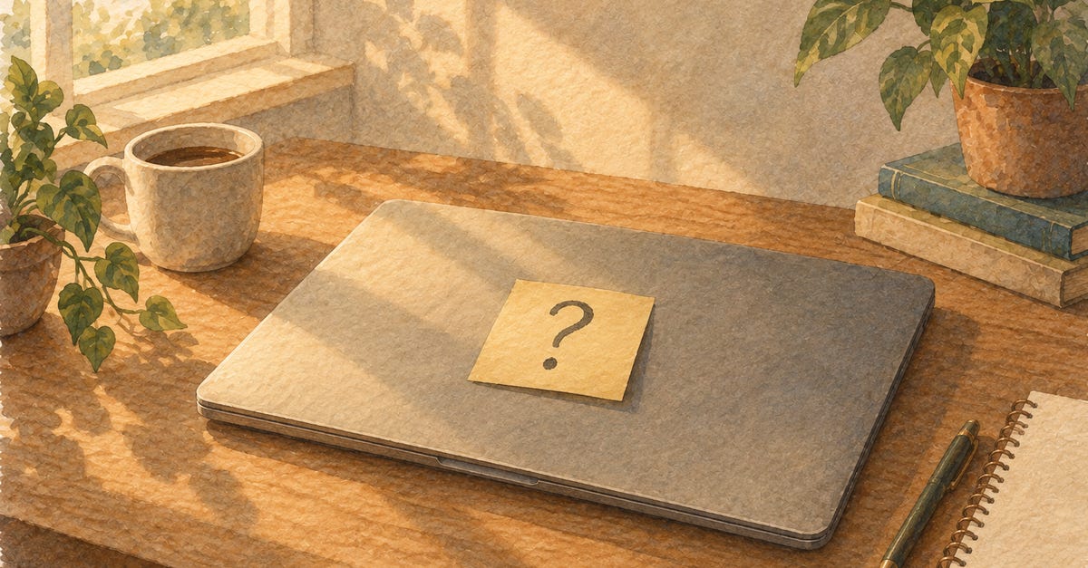 A sticky note on a laptop lid that says "Which customer?"