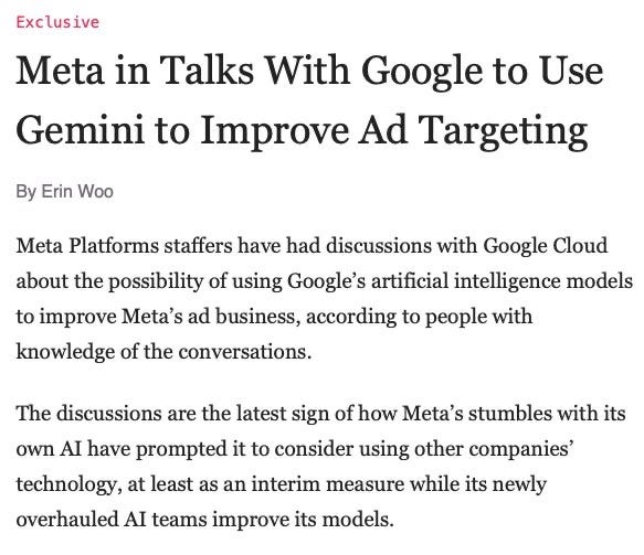 Text reading "Exclusive Meta in Talks With Google to Use Gemini to Improve Ad Targeting" in bold black font on a white background. The text includes the byline "By Erin Woo" in smaller font below the headline.