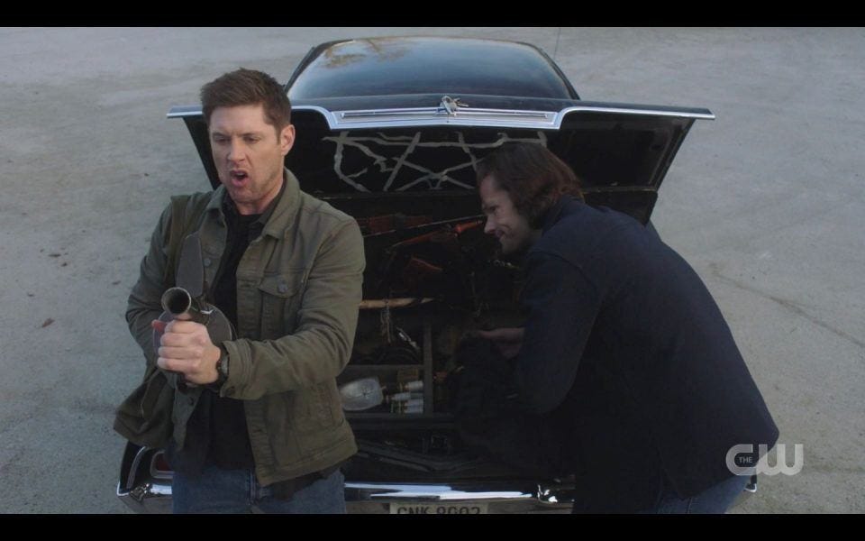 Dean winchester holding Jensen Ackles long hard grenade launcher SPN Dean winchester holding Jensen Ackles long hard grenade launcher SPN