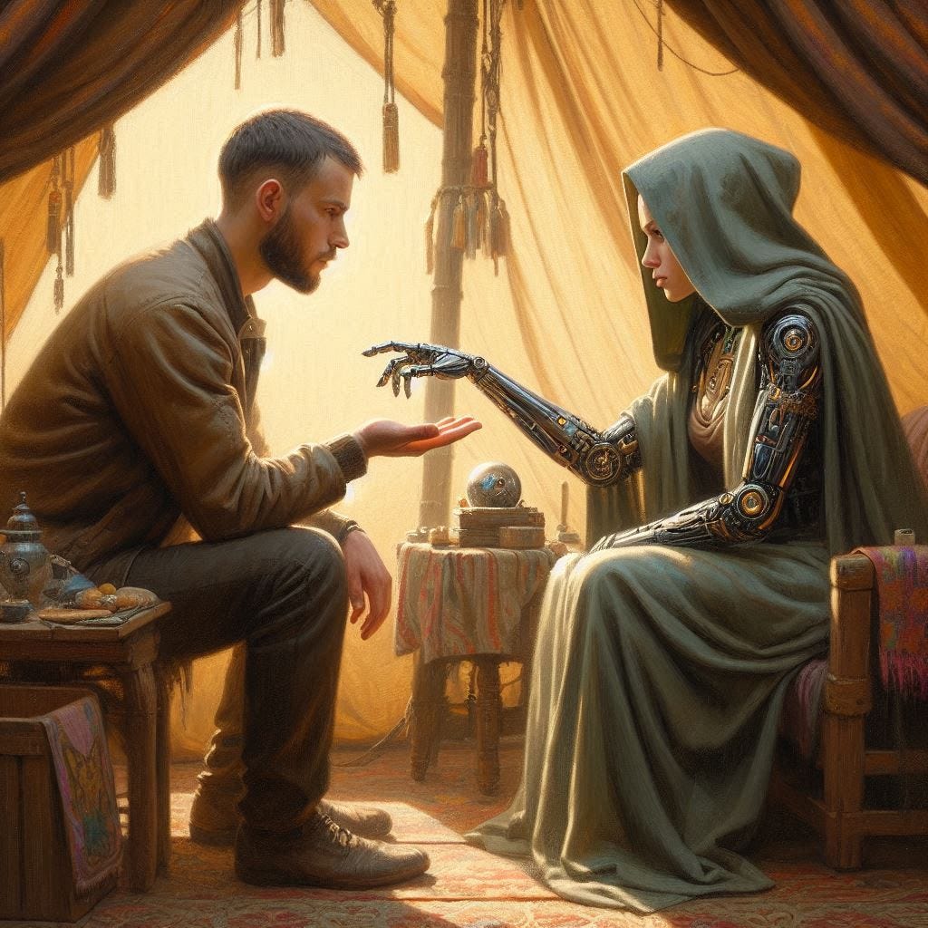 A man visits a palm reader in a tent. The palm reader is a female cyborg wearing a hooded robe and she is holding his hand, palm-upward, and is examining it. Slight impressionist style.