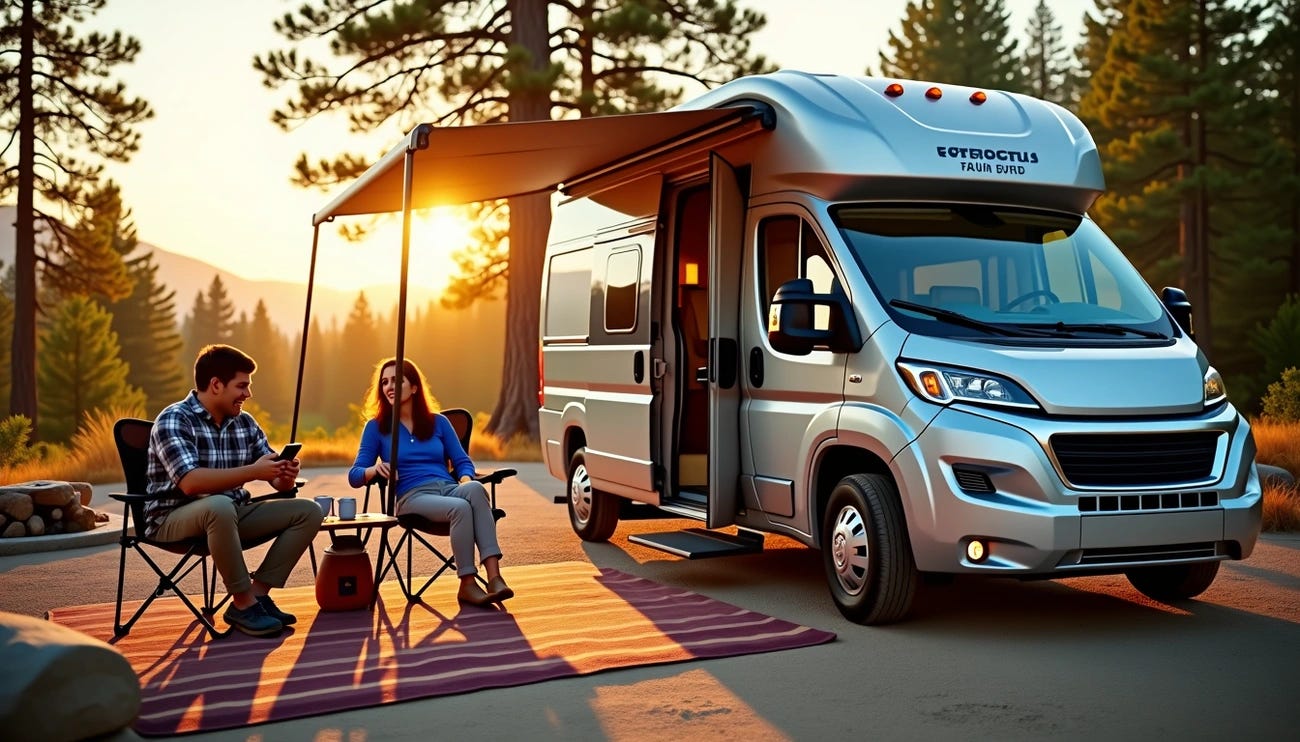 Couple relaxing under an awning beside a silver RV at sunset in a forested campsite with camping chairs and a table.