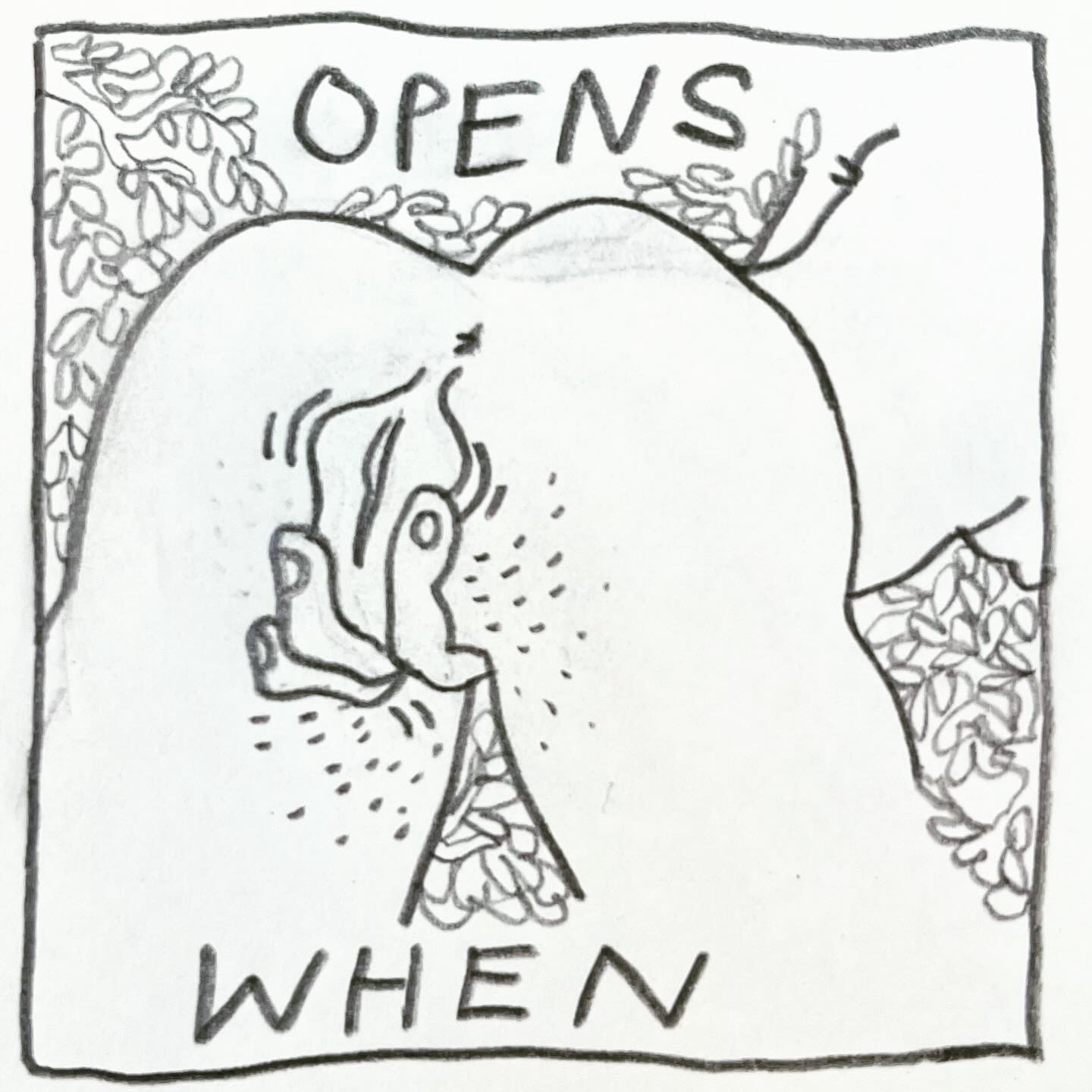 Panel 2: opens when Image: Someone is bent over, showing their ass and pussy. Their fingers reaching between their legs to spread their lips to the sun. The bottom of their tit is hanging just out the edge of the frame. In the background, many leaves fill the open space.