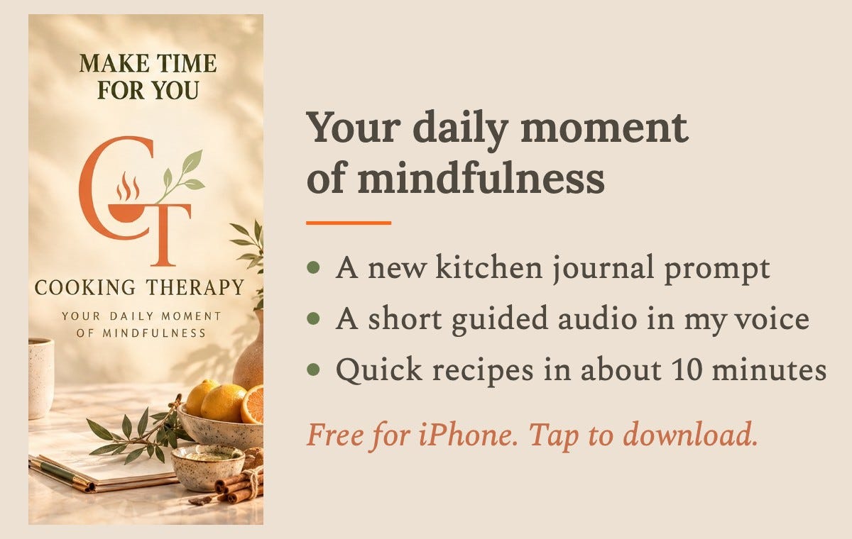 The free Cooking Therapy app for iPhone: a daily kitchen journal prompt, short guided audios and quick recipes The free Cooking Therapy app for iPhone: a daily kitchen journal prompt, short guided audios and quick recipes