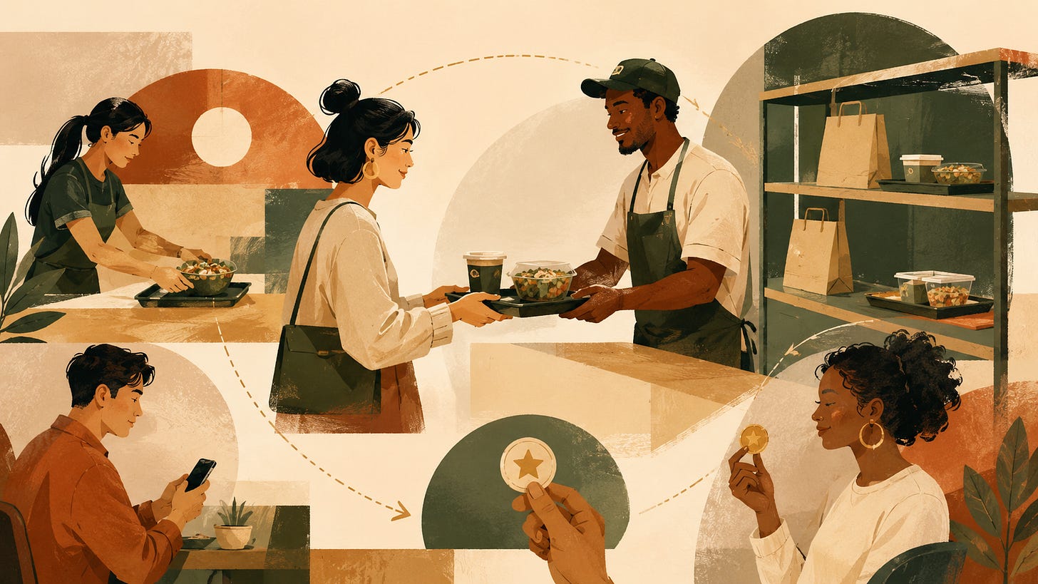 Restaurant staff handing a meal tray to a customer with pickup shelves and reward moments around the visit