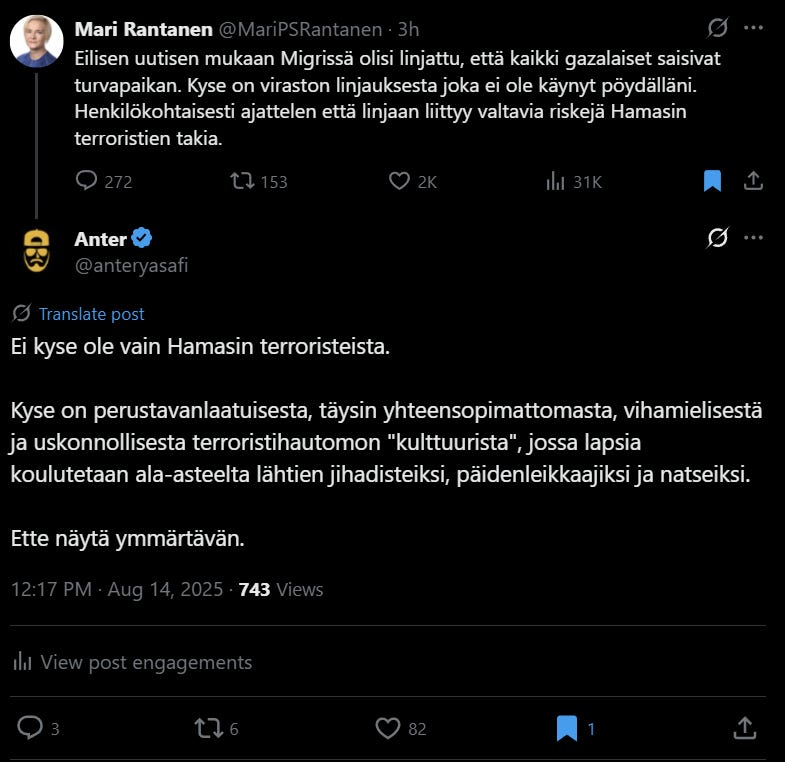 Rantanen kommentoi lyhyesti, että mahdollinen riski ja uhka tulee Hamasin terroristeilta, jotka saattaisivat yrittää naamioitua “turvapaikanhakijoiksi”. Rantanen kommentoi lyhyesti, että mahdollinen riski ja uhka tulee Hamasin terroristeilta, jotka saattaisivat yrittää naamioitua “turvapaikanhakijoiksi”.