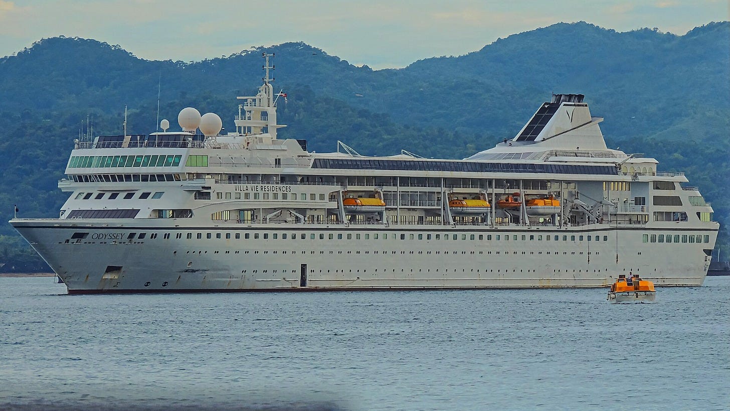 The Villa Vie Odyssey at anchor. Image: JerickVillaruel via Wikimedia Commons The Villa Vie Odyssey at anchor. Image: JerickVillaruel via Wikimedia Commons