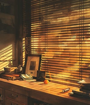 vintage watercolor illustration of a dim apartment interior lit by orange streetlight through blinds with a glass ring on a table and a facedown framed photo