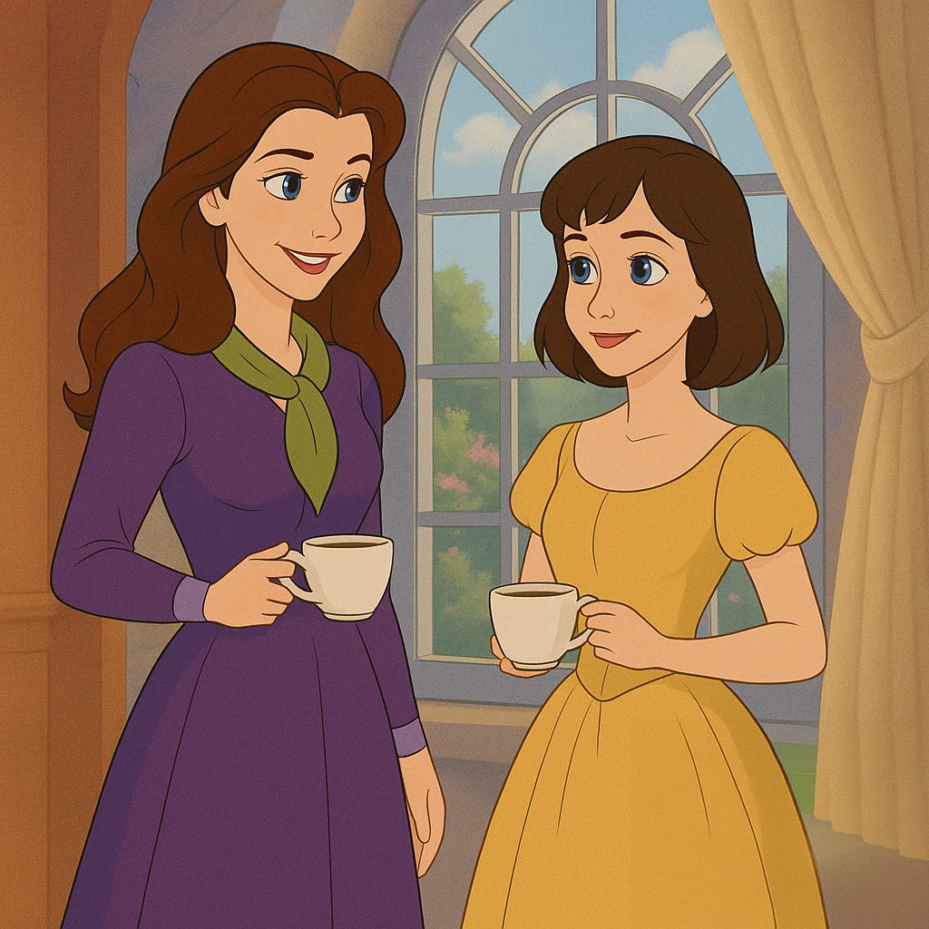 AI-Generated Fan Art Mashup of Lorelai Gilmore and Rory Gilmore as animated Disney princess characters drinking coffee | rmrk*st | Remarkist Magazine