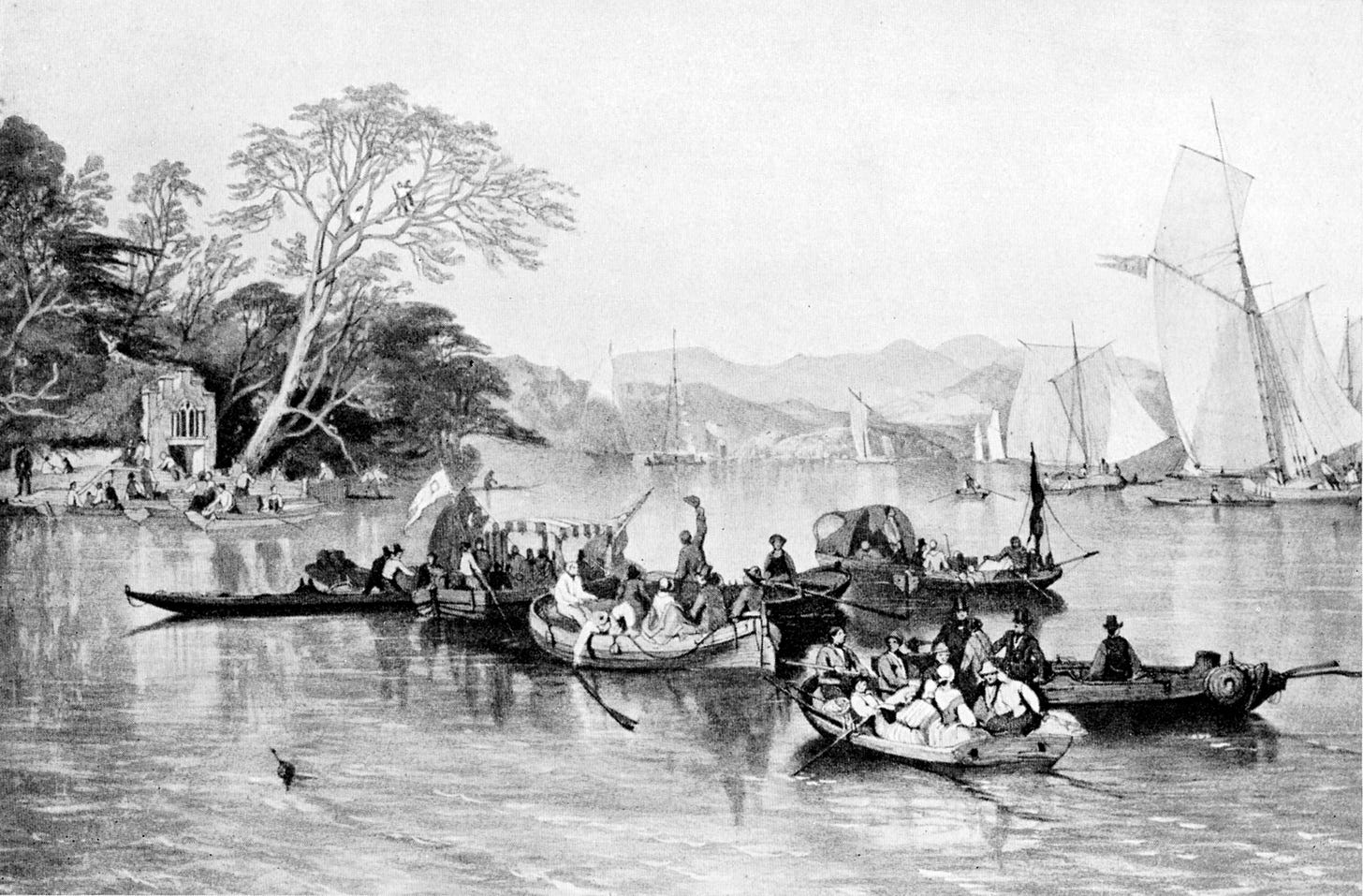 crowded boats on lake