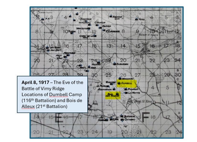May be an image of map and text that says 'Capphe FA3 10 8 #మ! 16 13 14 21 20 12 22 23 27 April 8, 1917- -The Eve of the Battle of Vimy Ridge Locations of Dumbell Camp (116th Battalion) and Bois de Alleux (21st Battalion) 29 25 26 ف DUMBRLL သတ7ိလမိး k2a 5 WgtSIEana 20 23 16 z 24 -19' May be an image of map and text that says 'Capphe FA3 10 8 #మ! 16 13 14 21 20 12 22 23 27 April 8, 1917- -The Eve of the Battle of Vimy Ridge Locations of Dumbell Camp (116th Battalion) and Bois de Alleux (21st Battalion) 29 25 26 ف DUMBRLL သတ7ိလမိး k2a 5 WgtSIEana 20 23 16 z 24 -19'