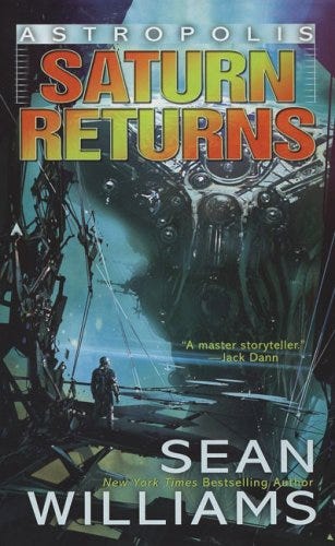 Cover of Saturn Returns showing someone looking at space debris (maybe).