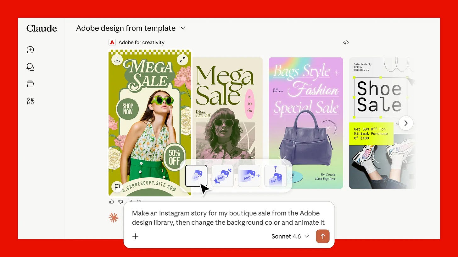 Screenshot of Claude running the Adobe for Creativity plugin, generating Instagram sale-ad templates from a typed prompt with the Sonnet 4.6 model.