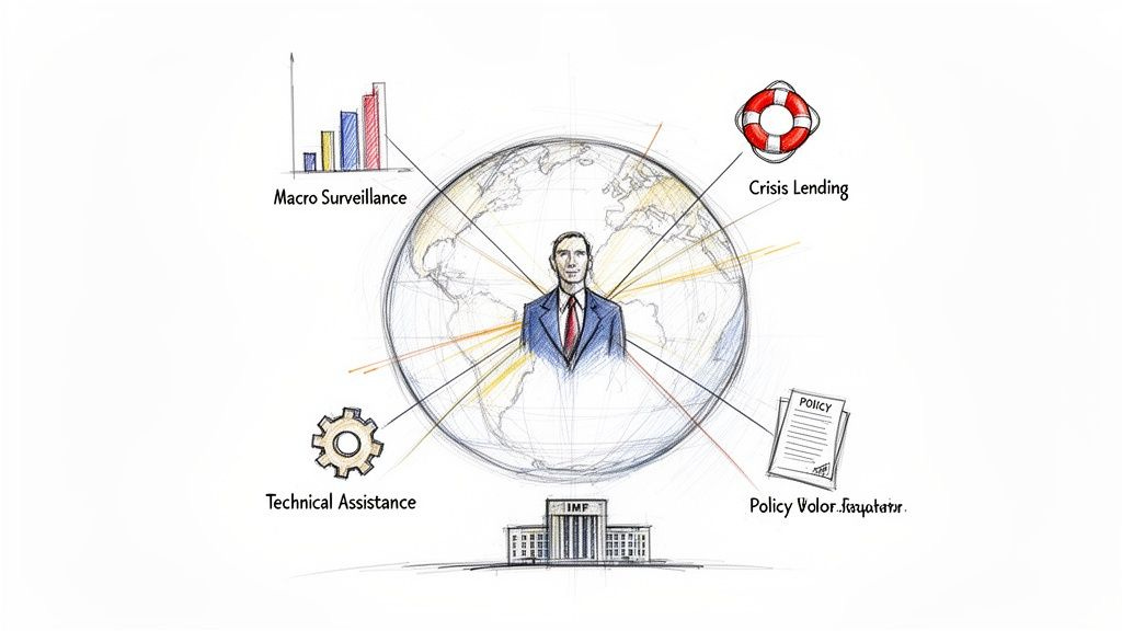 An illustration of the IMF's global functions: macro surveillance, crisis lending, technical assistance, and policy advice. An illustration of the IMF's global functions: macro surveillance, crisis lending, technical assistance, and policy advice.