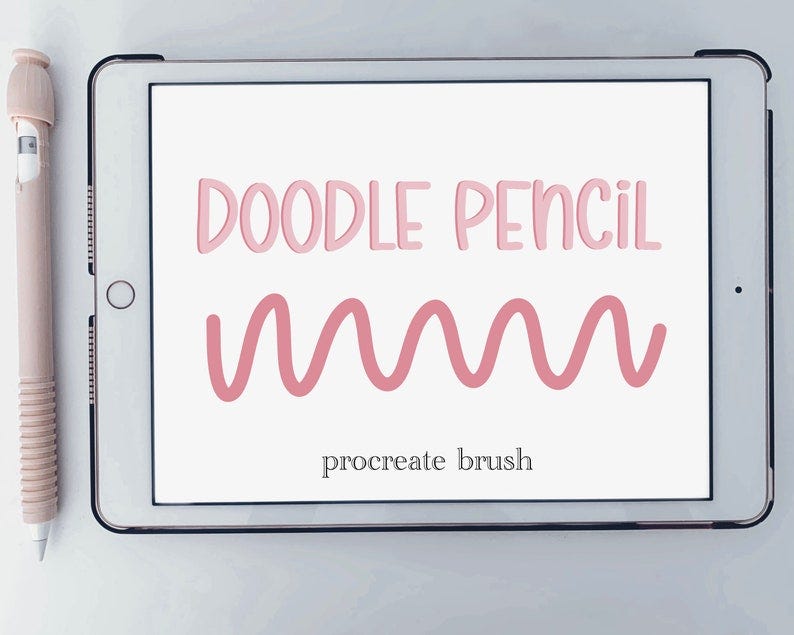 May include: A digital tablet displays the words "DOODLE PENCIL" above a wavy line, all in pink. Below, the text "procreate brush" is visible. A pink stylus is positioned to the left of the tablet.