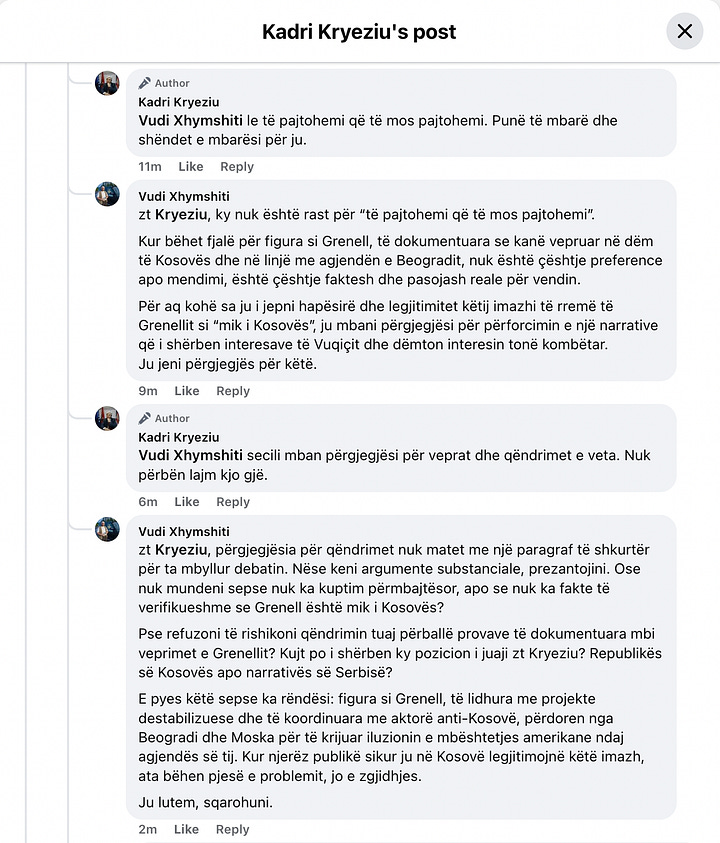 Pamje nga debati publik në rrjetet sociale mes autorit dhe Kadri Kryeziut, ku përplasen faktet e dokumentuara me retorikën e relativizimit.