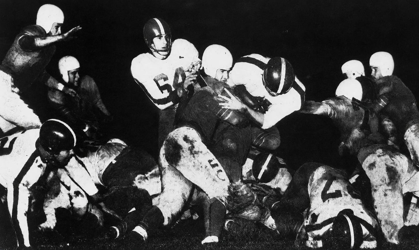 Miami Seahawks in action during a Monday night game in Roddey Burdine Stadium. Courtesy of the Miami Herald. Miami Seahawks in action during a Monday night game in Roddey Burdine Stadium. Courtesy of the Miami Herald.