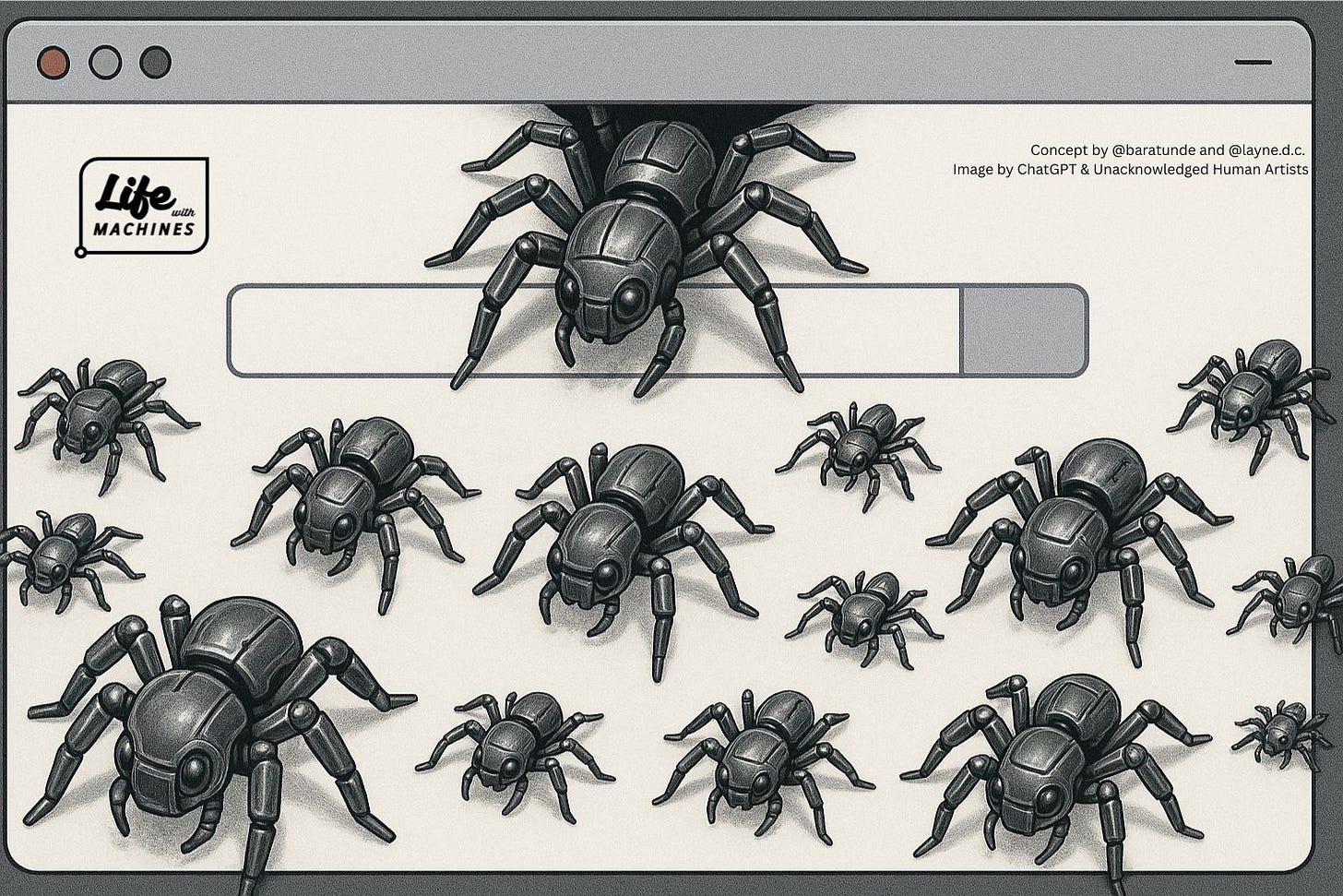 A digital illustration of a web browser window overtaken by metallic robotic spiders. The browser frame is gray with the standard three circular buttons—red, yellow, and green—at the top left. In the center of the screen is a large, empty search bar. Emerging from the search bar and spreading across the page is a swarm of shiny, mechanical spiders with jointed legs and armored bodies. They vary in size, from small in the background to large and prominent in the foreground, crawling outward in all directions. At the top left of the webpage is a logo reading “Life with MACHINES” inside a speech bubble. In the upper right corner is the text: “Concept by @baratunde and @layne.d.c. Image by ChatGPT & Unacknowledged Human Artists”. The overall mood suggests invasion and unease, symbolizing bots overtaking human web browsing. A digital illustration of a web browser window overtaken by metallic robotic spiders. The browser frame is gray with the standard three circular buttons—red, yellow, and green—at the top left. In the center of the screen is a large, empty search bar. Emerging from the search bar and spreading across the page is a swarm of shiny, mechanical spiders with jointed legs and armored bodies. They vary in size, from small in the background to large and prominent in the foreground, crawling outward in all directions. At the top left of the webpage is a logo reading “Life with MACHINES” inside a speech bubble. In the upper right corner is the text: “Concept by @baratunde and @layne.d.c. Image by ChatGPT & Unacknowledged Human Artists”. The overall mood suggests invasion and unease, symbolizing bots overtaking human web browsing.