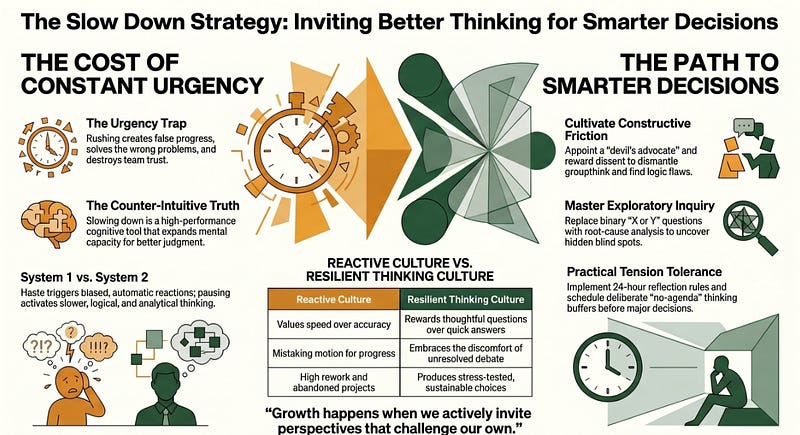 Infographic titled ‘Invite Better Thinking — The Slow Down Strategy’ illustrates how strategic pauses, smarter questions, and constructive dissent prevent the ‘urgency trap’ and lead to better organisational decisions.