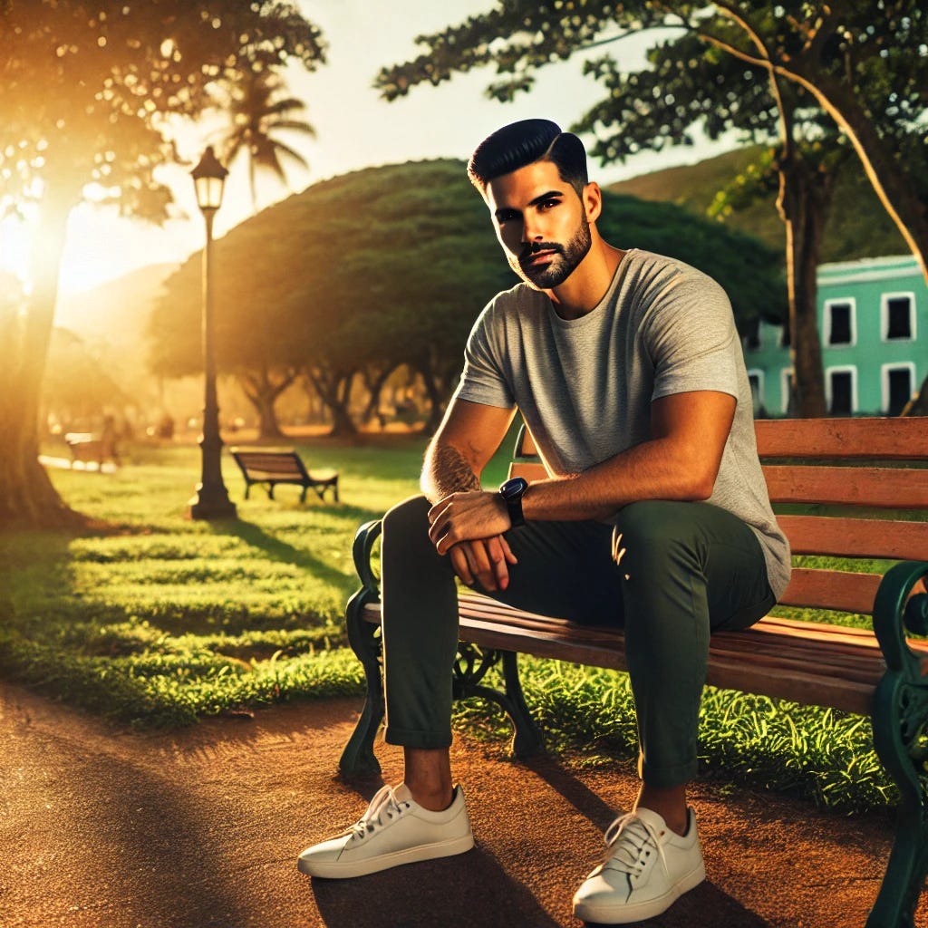 A serene and reflective Puerto Rican man sitting on a wooden bench in a peaceful park during golden hour. He has a confident yet thoughtful expression, dressed in casual, stylish attire. Around him, the scenery features lush greenery, warm sunlight filtering through the trees, and a calm ambiance symbolizing the theme of slowing down and finding clarity. The atmosphere is inspiring and introspective, conveying personal growth and inner strength.