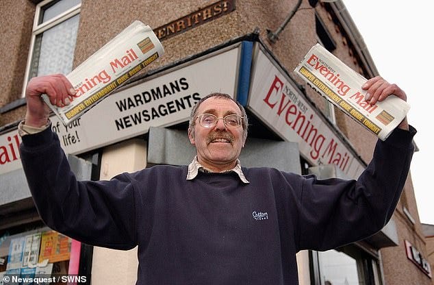 Joe Wardman (pictured), 82, outside his shop Wardmans Newsagents, in 2005 celebrating his 50th anniversary of delivering the North-West Evening Mail