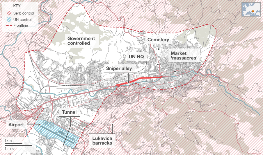 The map of the front lines around Sarajevo is based on UN maps produced at the time. Map data: OpenStreetMap contributors, CC-BY-SA.