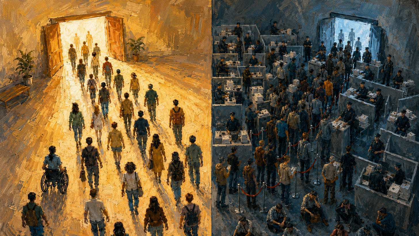 A split illustration of a large room comparing universal access with bureaucratic gatekeeping. On the left, a diverse crowd, including a wheelchair user, moves freely through a wide open doorway filled with warm golden light. On the right, people are trapped in a cold blue-gray maze of desks, ropes, paperwork, and uniformed gatekeepers, with long lines barely moving and several people sitting on the floor in frustration or exhaustion. The image contrasts a simple universal system with a costly means-tested system that blocks and discourages people before help reaches them.