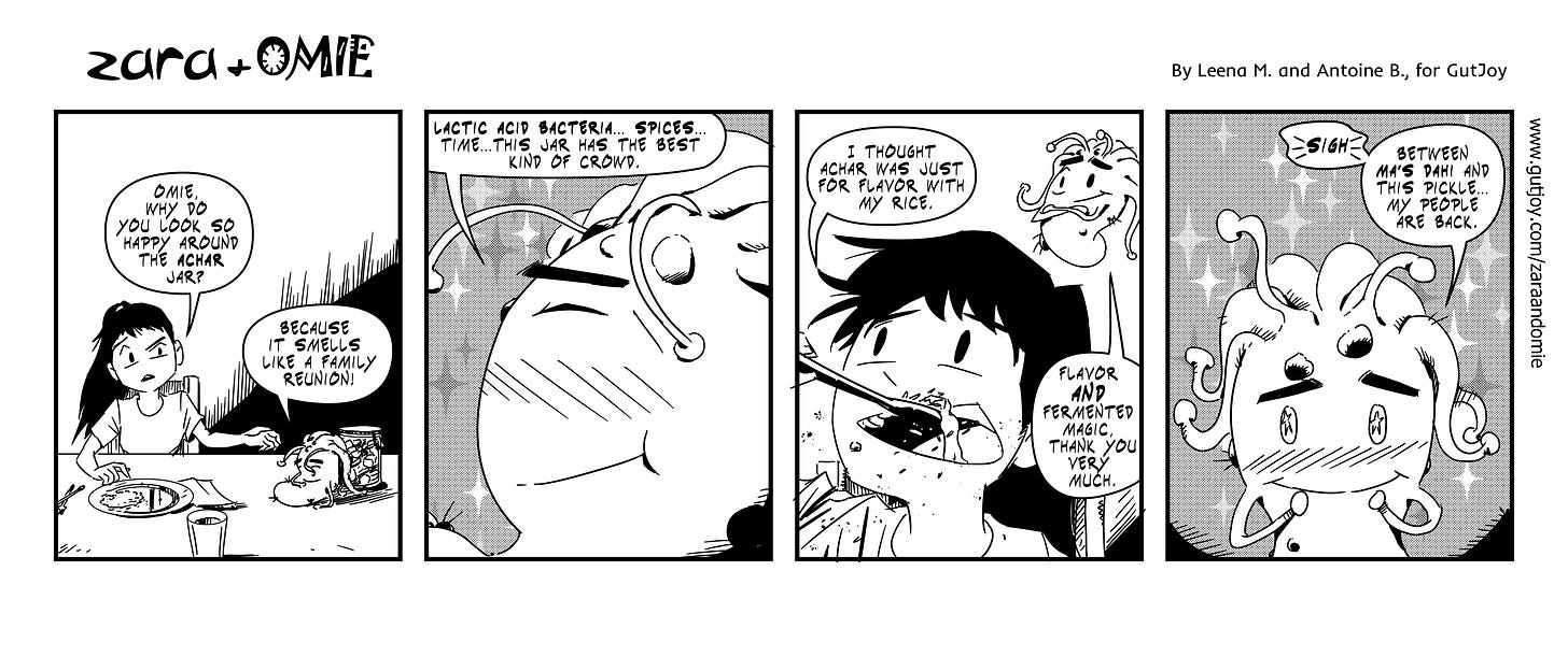 Comic strip of Zara and Omie at a table with a jar of Indian pickle. Omie looks excited and calls it a “microbe reunion,” explaining that fermented foods are filled with friendly bacteria. Zara looks curious while Omie happily imagines tiny microbes reconnecting with the ones living inside our bodies. Comic strip of Zara and Omie at a table with a jar of Indian pickle. Omie looks excited and calls it a “microbe reunion,” explaining that fermented foods are filled with friendly bacteria. Zara looks curious while Omie happily imagines tiny microbes reconnecting with the ones living inside our bodies.