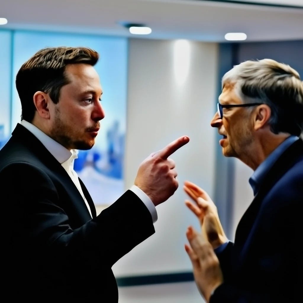 Elon Musk pointing finger and yelling at bill gates