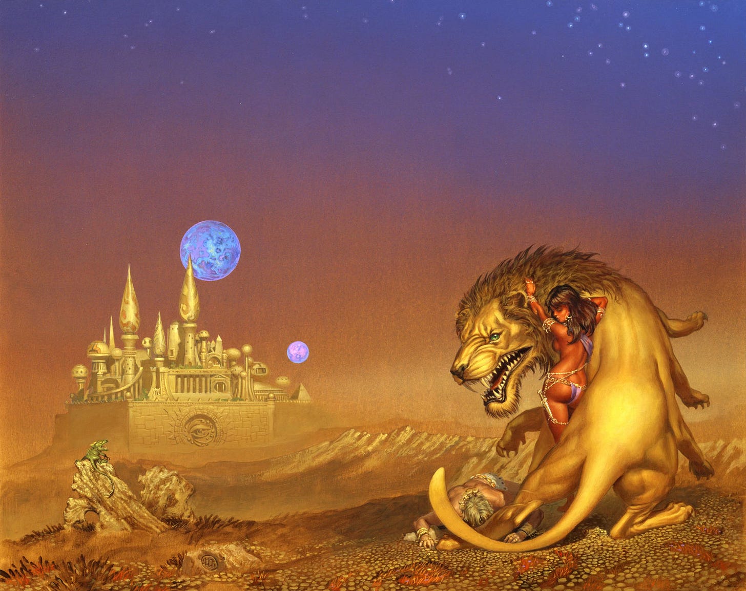 An 8-legged Martian lion bears its fangs as Thuvia leans against it with hands in its mane. Both of their backs are turned but their faces can be seen in profile as the body of the beast curls around her. She wears only a lavender thong. Thin beaded chains hold the dagger at her hip. Ornate bands contrast the tan skin on her upper arm. In the background, two marbleized moons hang over a beautiful Martian city with elegant spires. A stylized eye marks the outer wall. The landscape is mostly barren. Painted in earthy tones, the land blends with the sky and eventually fades to a gradient of purple night punctuated by stars. An 8-legged Martian lion bears its fangs as Thuvia leans against it with hands in its mane. Both of their backs are turned but their faces can be seen in profile as the body of the beast curls around her. She wears only a lavender thong. Thin beaded chains hold the dagger at her hip. Ornate bands contrast the tan skin on her upper arm. In the background, two marbleized moons hang over a beautiful Martian city with elegant spires. A stylized eye marks the outer wall. The landscape is mostly barren. Painted in earthy tones, the land blends with the sky and eventually fades to a gradient of purple night punctuated by stars.