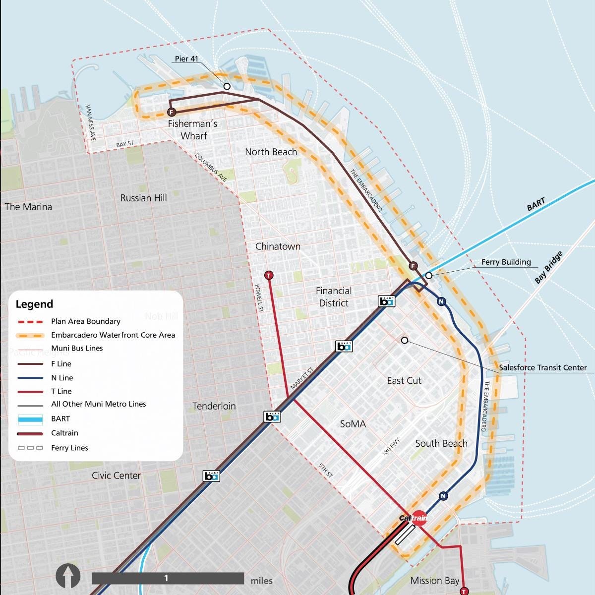 A map schematic showing the San Francisco waterfront. The map is shows the BART, Muni (N, F, T), Caltrain and Ferry. The waterfront is highlighted as being from the Caltrain station in the south all the way to the Fishermans wharf in the north.