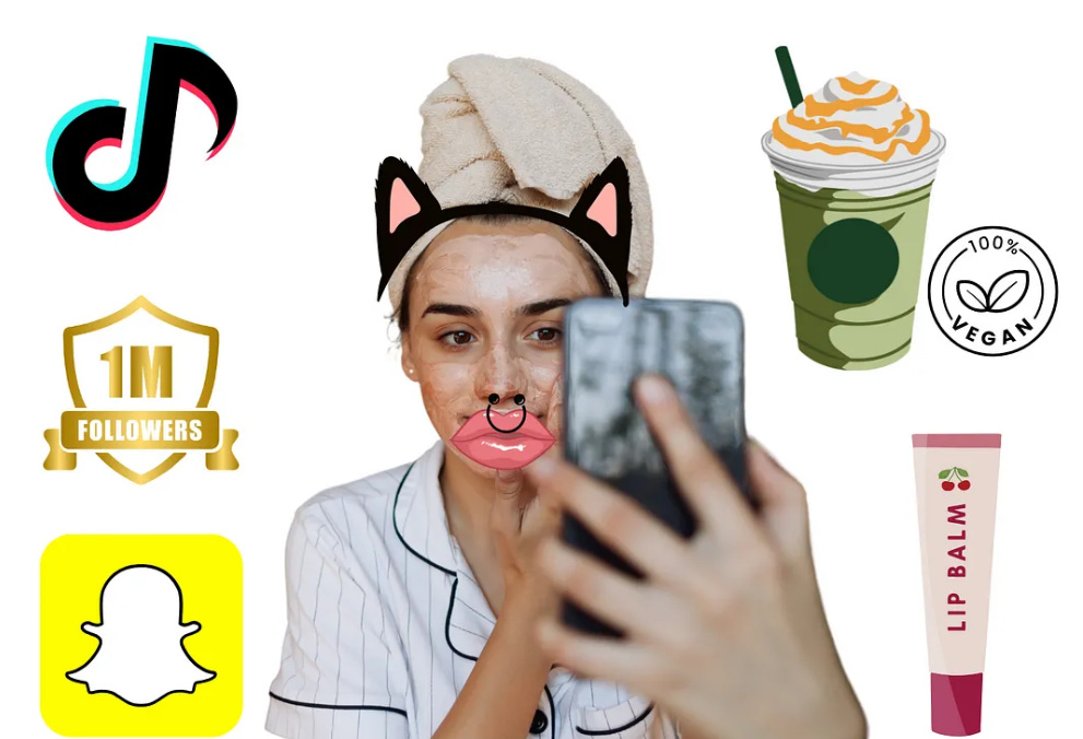 a woman with septum piercing and lip filler surrounded by the gen z things she loves