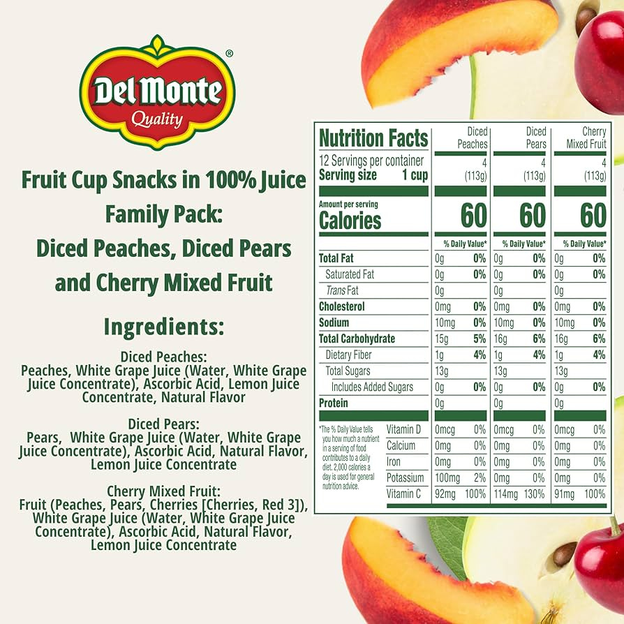 Amazon.com: Del Monte Fruit Cup Snacks Variety Pack in 100% Juice, 4 oz  Cups (12 Pack) Diced Peaches, Diced Pears, Cherry Mixed Fruit