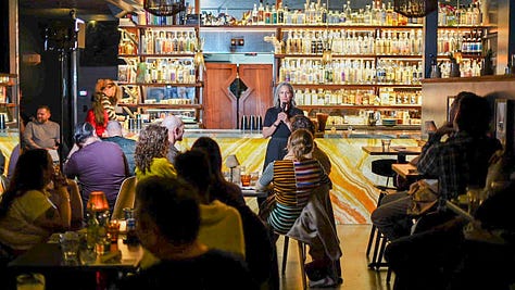 Comedy Supper Club performance, illustrated menu, and Sheila with Pam and Dave in Oakland.