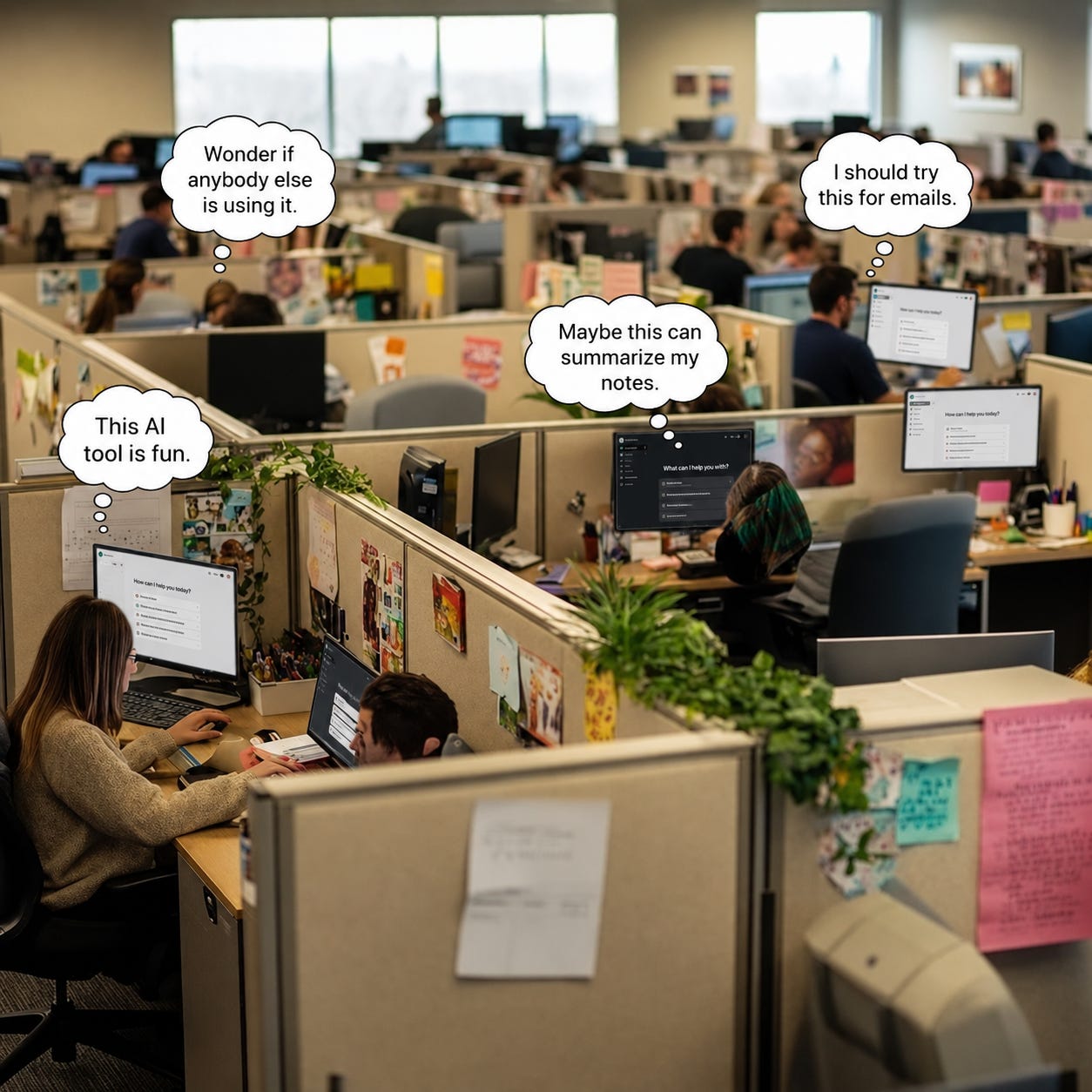 Office workers sit alone in cubicles using AI tools individually, with thought bubbles showing quiet curiosity.