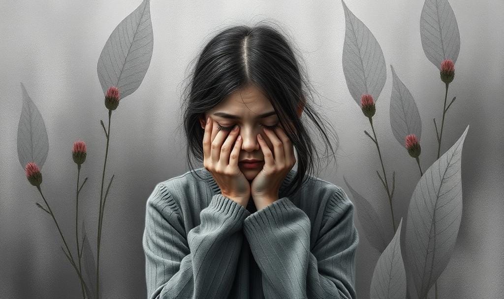Woman with dark hair gray sweater holding face in hands crying