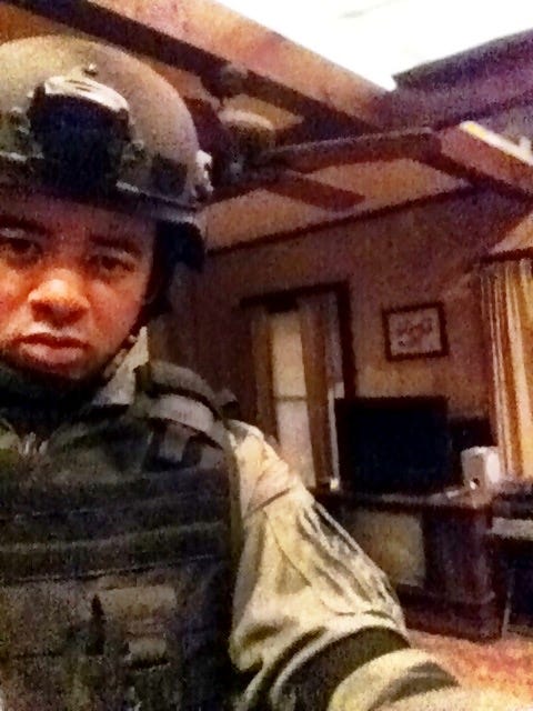 A gallery of archival photographs showing the author doing background work on film and television sets between 2013 and 2014.