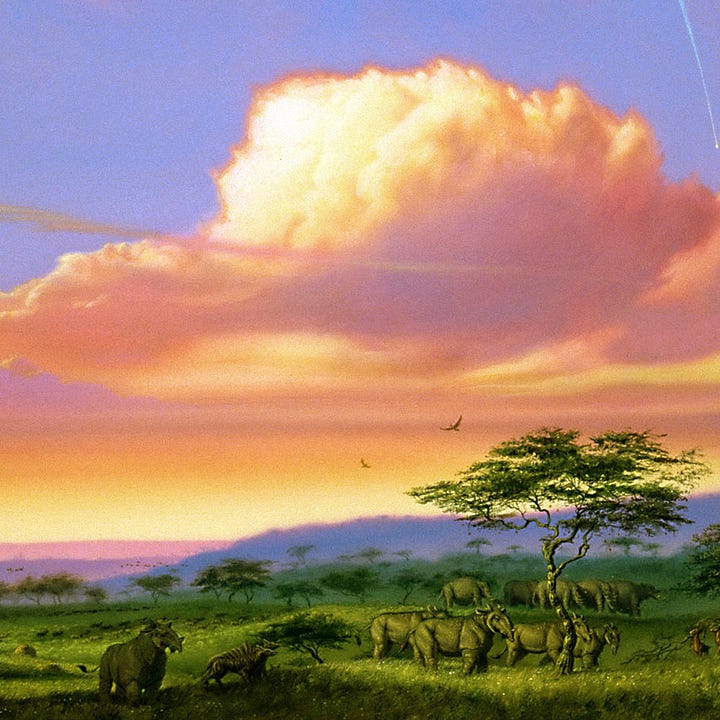 LEFT: Figure detail from PARADISE featuring the alien herdsman holding a spear to its chest as its large glassy eyes focus on something off panel left. Blue plumage drapes gill-like on its long slender neck. Behind it pink and peach clouds billow across the savannah.  RIGHT: Background detail from PARADISE featuring the herd of stocky alien pachyderms migrating across the grass of the savannah. Horns protrude from their cheeks pointing forward.