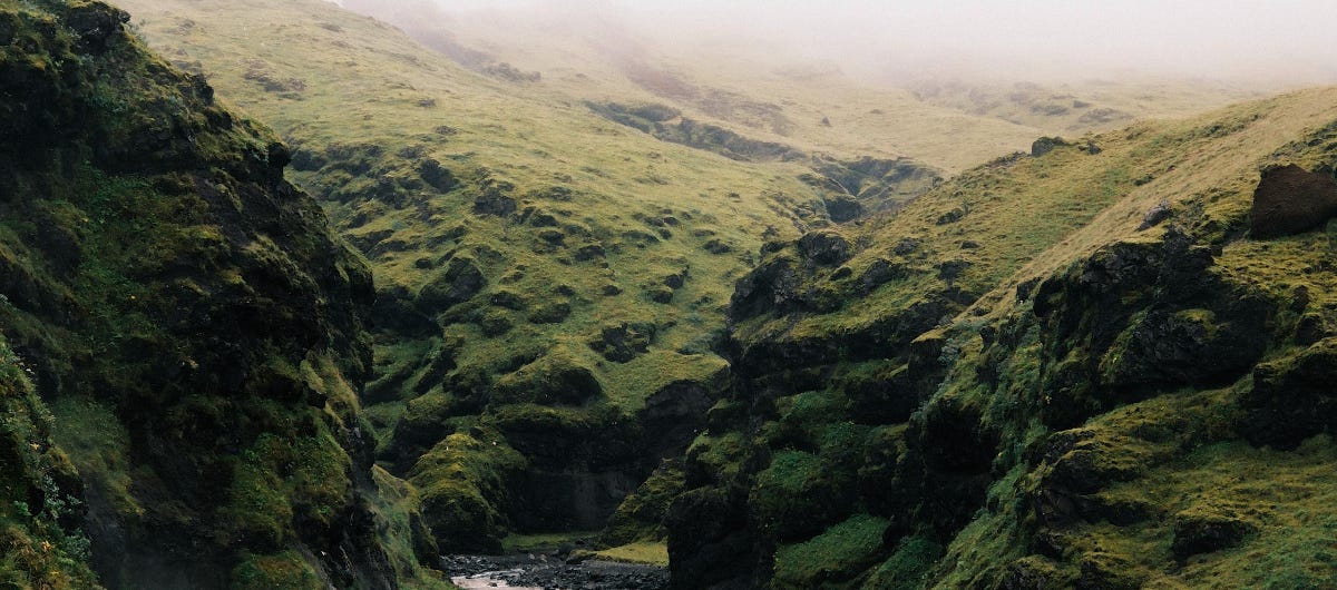 Image features a lush, green, rocky canyon in South Iceland with steep, moss-covered cliffs rising on either side. A small stream flows through the bottom of the valley, and the peaks are shrouded in a soft, heavy fog.